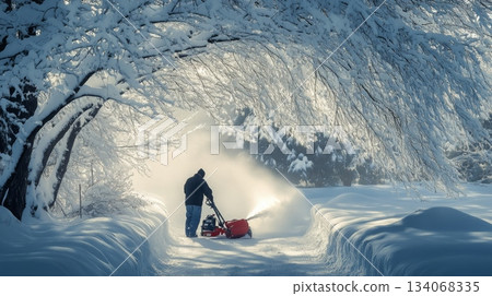 A person operates a snowblower, clearing a snow-covered path surrounded by tall, snow-laden trees. The tranquil winter morning is illuminated, creating a peaceful atmosphere in nature. 134068335