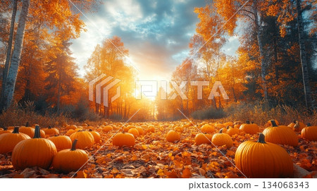 A forest path is adorned with bright orange pumpkins among fallen leaves, framed by trees bathed in warm autumn colors under a stunning sunset. 134068343