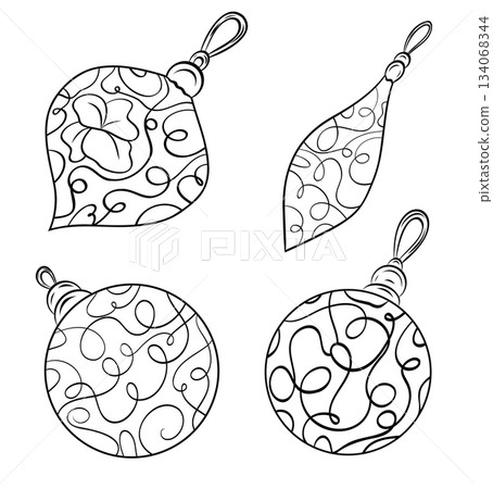 Set, clip art of monochrome balls with ornament for Christmas tree. Graphic line art hand drawn ink black and white vector 134068344