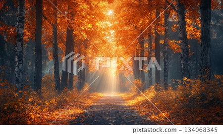A tranquil forest during autumn displays brilliant orange foliage and a soft mist. Sun rays pierce through trees, creating an enchanting atmosphere along the winding path. 134068345