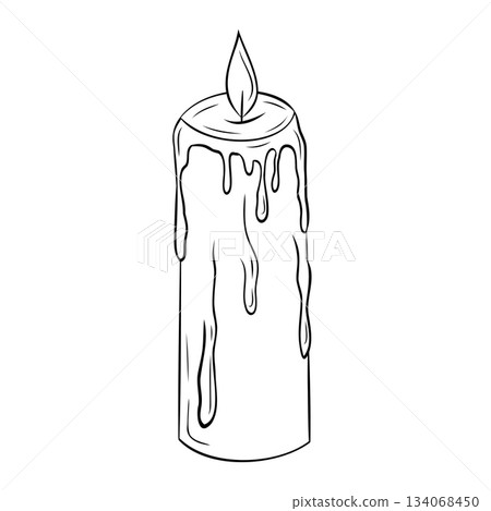 Burning graphic candle with wax drips, vintage, retro, antique. Vector graphic illustration 134068450