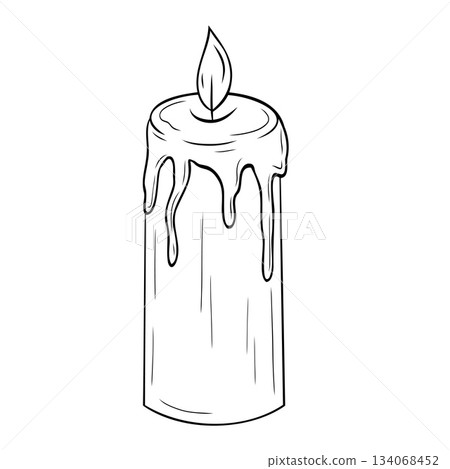 Burning graphic candle with wax drips, vintage, retro, antique. Vector graphic illustration 134068452