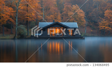 A charming wooden cabin sits by a serene lake, surrounded by vibrant autumn trees. The warm glow from the cabin contrasts with the fog on the water. 134068495