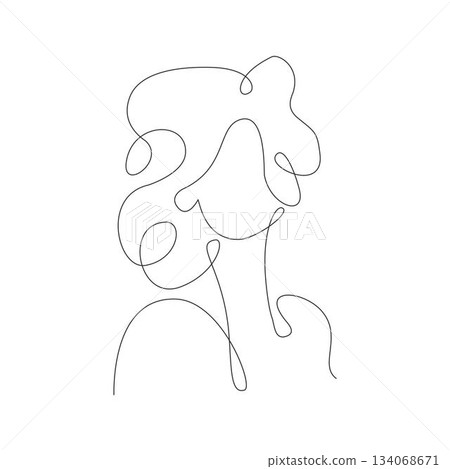 Abstract one line art illustration featuring a woman with voluminous, curly hair. A modern, continuous line vector graphic capturing dynamic style and female beauty in a simple outline drawing. 134068671