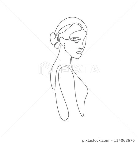 Elegant continuous one line drawing of a woman in a side back view focusing on neck and spine detail. A modern, abstract body portrait suitable for minimalist prints or branding projects. Elegant continuous one line drawing of a woman in a side back view focusing on neck and spine detail. A modern, abstract body portrait suitable for minimalist prints or branding projects. 134068676