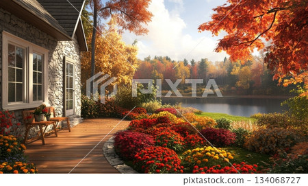 A stone house with a wooden deck sits on the edge of a lake surrounded by trees and foliage in shades of red, orange, and yellow. The house has large windows and a wooden door. A stone house with a wooden deck sits on the edge of a lake surrounded by trees and foliage in shades of red, orange, and yellow. The house has large windows and a wooden door. 134068727