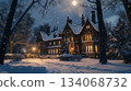 A grand mansion stands majestically in the winter night, illuminated warmly from within. Snowflakes gently fall around the property, creating a serene atmosphere beneath the bright full moon. A grand mansion stands majestically in the winter night, illuminated warmly from within. Snowflakes gently fall around the property, creating a serene atmosphere beneath the bright full moon. 134068732