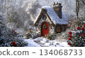 A quaint cottage with a red door is nestled in a snowy landscape, surrounded by blooming roses and evergreen trees. Smoke rises from the chimney, adding warmth to the tranquil winter scene. A quaint cottage with a red door is nestled in a snowy landscape, surrounded by blooming roses and evergreen trees. Smoke rises from the chimney, adding warmth to the tranquil winter scene. 134068733