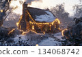 A charming cottage with a thatched roof is blanketed in snow, adorned with twinkling lights as gentle flakes fall. The serene winter scene captures the essence of a peaceful evening in nature. A charming cottage with a thatched roof is blanketed in snow, adorned with twinkling lights as gentle flakes fall. The serene winter scene captures the essence of a peaceful evening in nature. 134068742