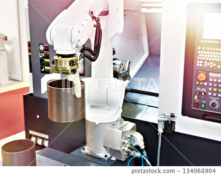 Robotic arm and cnc lathe machine 134068904