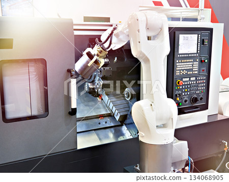 Robotic arm and cnc lathe machine Robotic arm and cnc lathe machine 134068905