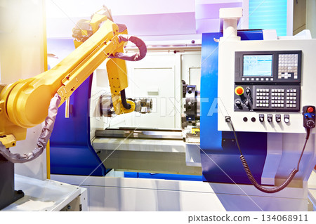 Robotic arm and cnc lathe Robotic arm and cnc lathe 134068911
