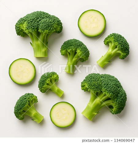 Assorted fresh vegetables and cooking ingredients on light background. Minimalist still life, healthy eating idea, salad making, vegetarian and home cooking theme. 134069047