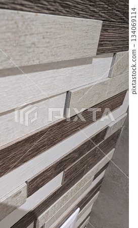 Interior design emphasizes horizontal textured tile layout Interior design emphasizes horizontal textured tile layout 134069114