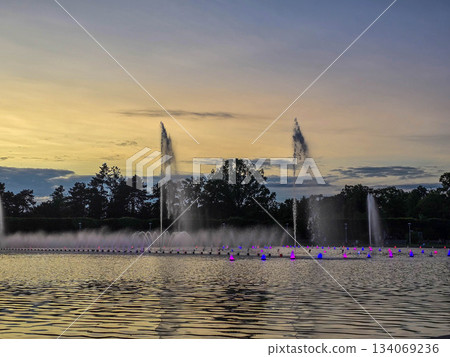 Golden Fountain Dancing Waters at Sunset Golden Fountain Dancing Waters at Sunset 134069236