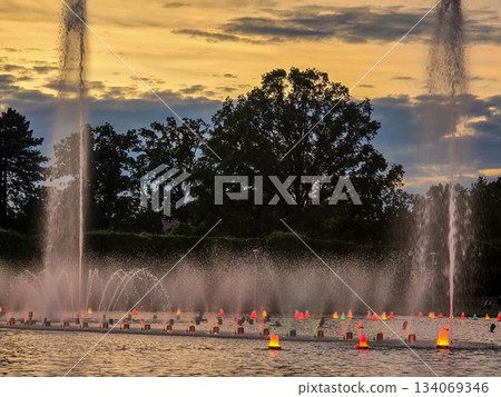 Golden Fountain Dancing Waters at Sunset Golden Fountain Dancing Waters at Sunset 134069346