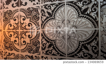black and white patterned tile design, decorative tile pattern with floral medallions and warm 134069659