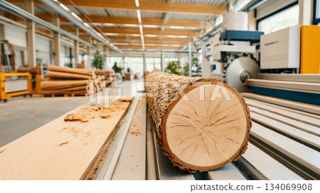 log on a sawmill in a wood processing workshop, Copy Space advertising modern wood production and processing 134069908