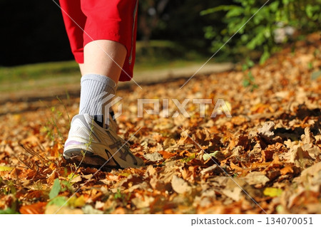 Woman walking cross country trail in autumn forest Woman walking cross country trail in autumn forest 134070051