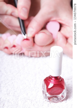 female feet red polished nails female feet red polished nails 134070078