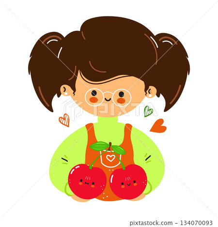 Cute girl character holding a pair of happy kawaii cherries Cute girl character holding a pair of happy kawaii cherries 134070093