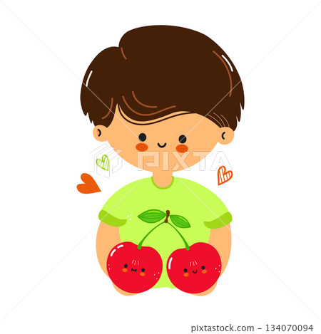 Cute boy holding happy funny cherry fruit characters Cute boy holding happy funny cherry fruit characters 134070094