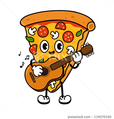 Pizza slice cartoon character playing acoustic guitar Pizza slice cartoon character playing acoustic guitar 134070100