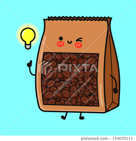 Cute coffee bag character having a creative idea Cute coffee bag character having a creative idea 134070113