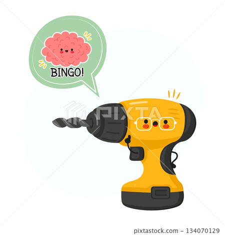 Cute cartoon drill having an idea and a brain saying bingo 134070129