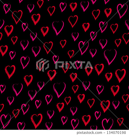 Many random red hearts on black background. Abstract seamless pattern. Holiday design element painted with brush. Gothic decor for your valentine design projects Many random red hearts on black background. Abstract seamless pattern. Holiday design element painted with brush. Gothic decor for your valentine design projects 134070198