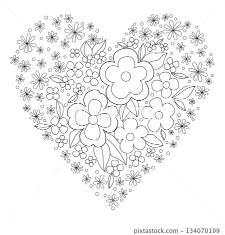 Design element heart shaped with vintage floral ornament. Monochrome flowers tattoo pattern. Black and white vector illustration. Many small flowers. Romantic coloring page. Delicate pattern for print Design element heart shaped with vintage floral ornament. Monochrome flowers tattoo pattern. Black and white vector illustration. Many small flowers. Romantic coloring page. Delicate pattern for print 134070199