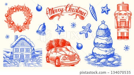 Set of detailed hand drawn Christmas elements in dot work style. eve on the car, winter house 134070535