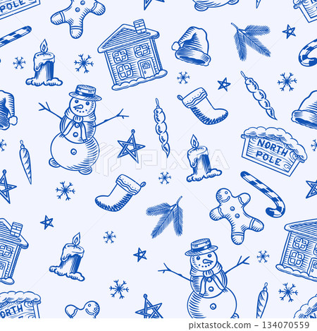 Chrismas, new year and winter patter in blue colour with hand drawn sketchy elements. Snowman Chrismas, new year and winter patter in blue colour with hand drawn sketchy elements. Snowman 134070559