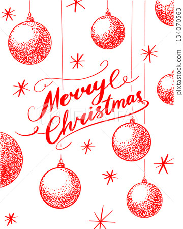 Christmas gift card. Merry cristismas concept with red balls. Hand drawn elements in dot work style 134070563
