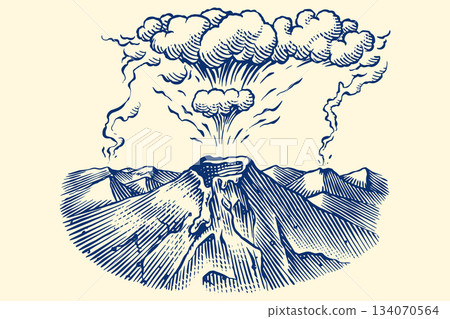 Volcano eruption or explosion sample icon design for inspiration. Hand drawn woodcut or engraved 134070564