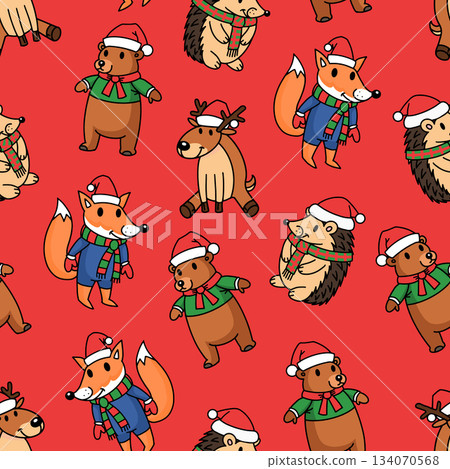 Christmas seamless pattern with a cute fox and deer with hedgehog in clothes. Animal character for Christmas seamless pattern with a cute fox and deer with hedgehog in clothes. Animal character for 134070568