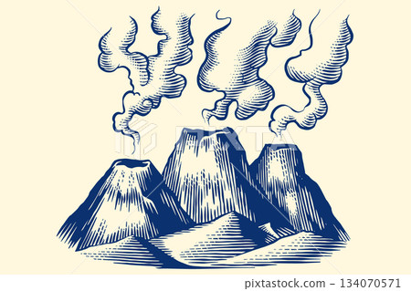 Volcano eruption or explosion sample icon design for inspiration. Hand drawn woodcut or engraved 134070571