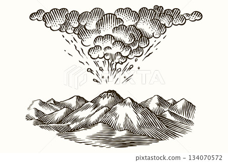Volcano eruption or explosion sample icon design for inspiration. Hand drawn woodcut or engraved 134070572