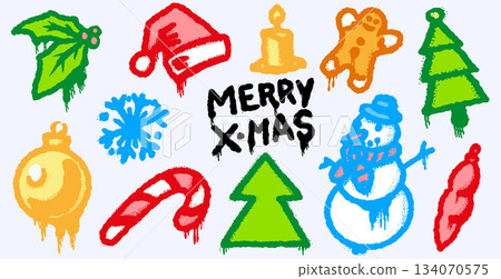 Merry Xmas Collection of a graffiti design elements. Snowman, tree, hat, lollypop gingerbread. Bald Merry Xmas Collection of a graffiti design elements. Snowman, tree, hat, lollypop gingerbread. Bald 134070575