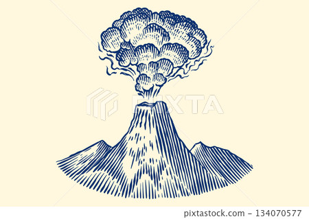 Volcano eruption or explosion sample icon design for inspiration. Hand drawn woodcut or engraved 134070577