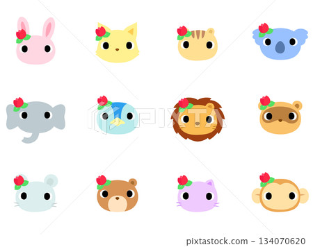 Animal face icon set decorated with tulips 134070620