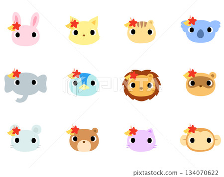 動物臉部圖示集,飾以秋葉圖案。 動物臉部圖示集,飾以秋葉圖案。 134070622