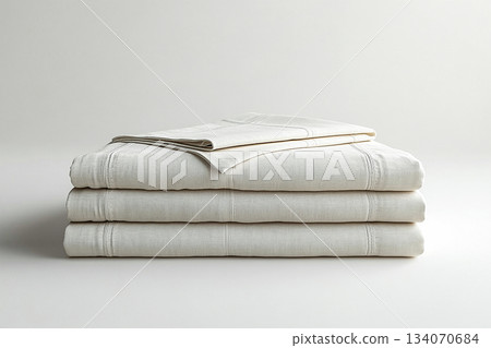 Aspirational lifestyles. Cotton sheets on a white background. Stack of comfortable white sheets. 134070684