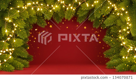 A festive holiday background with lush green pine branches adorned with glowing string lights on a rich red backdrop A festive holiday background with lush green pine branches adorned with glowing string lights on a rich red backdrop 134070871