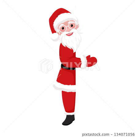 Cute Santa popping out from a clean empty panel. Perfect for Christmas marketing, joyful messages, and festive illustrations. 134071056