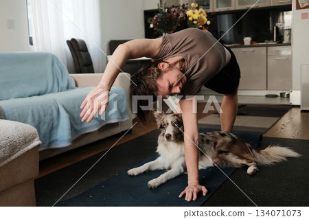 A woman performs a side stretch while a border collie lies calmly on the mat beside her. The moment combines home fitness, comfort, and warm pet interaction A woman performs a side stretch while a border collie lies calmly on the mat beside her. The moment combines home fitness, comfort, and warm pet interaction 134071073