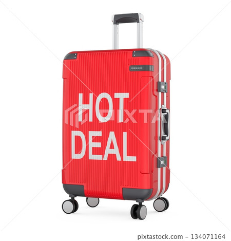 Hot deal, travel discount concept with red suitcase. 3D rendering 134071164