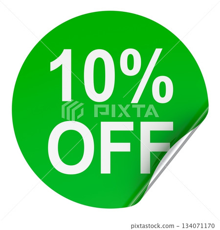 Green 10 percent off sticker with folded corner. 3D rendering 134071170