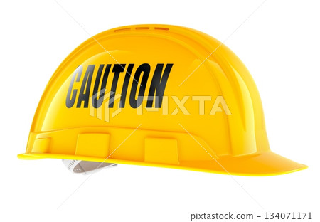 Caution, yellow construction helmet with text. 3D rendering 134071171