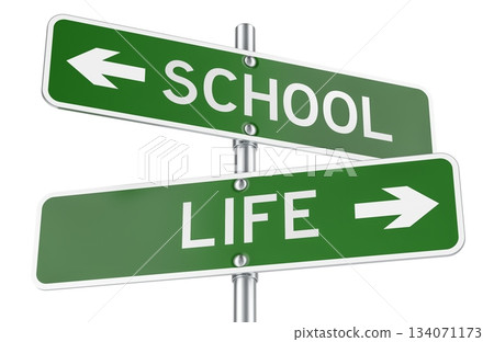 School or Life green direction arrows, street signs. 3D rendering 134071173
